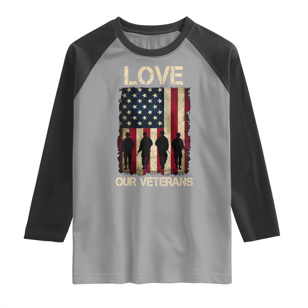 Love Our Veterans Raglan Shirt US Veterans Day Proud Military Family US Flag - Wonder Print Shop