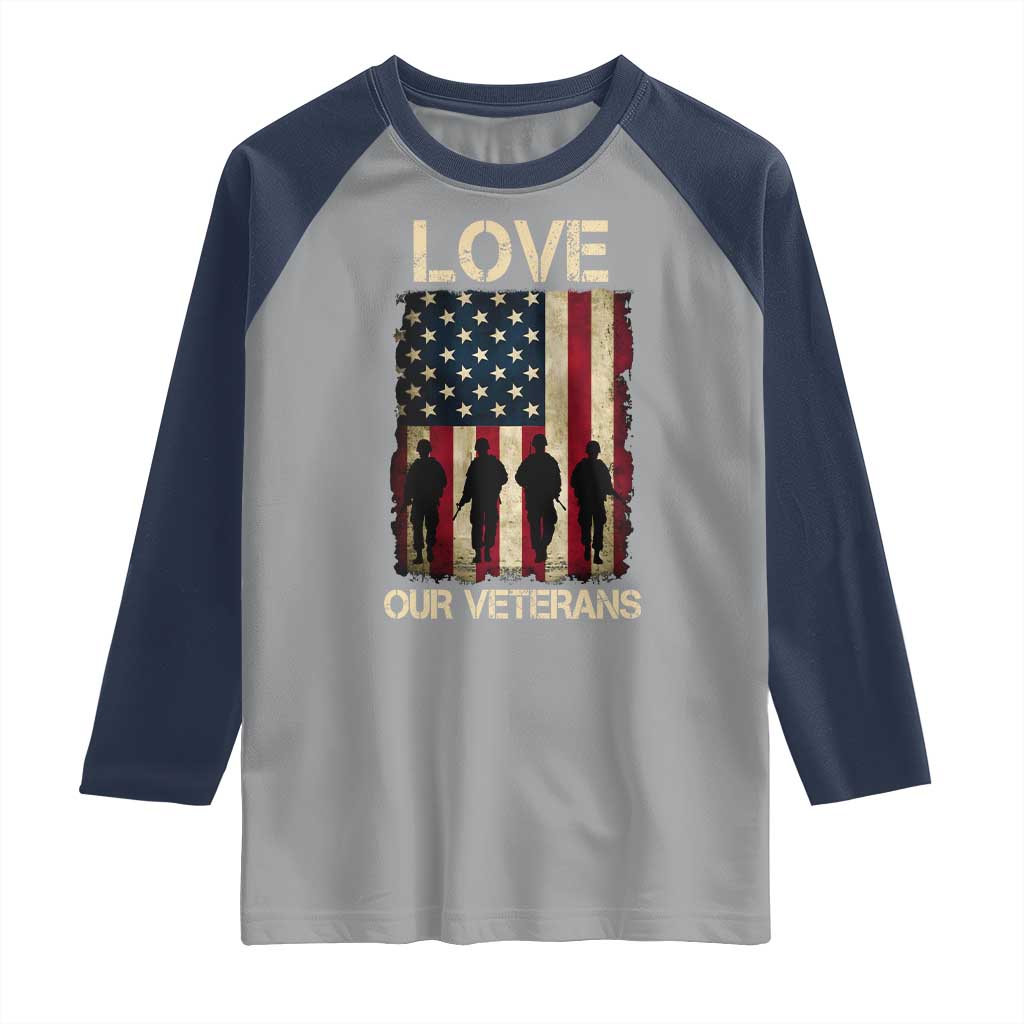 Love Our Veterans Raglan Shirt US Veterans Day Proud Military Family US Flag - Wonder Print Shop