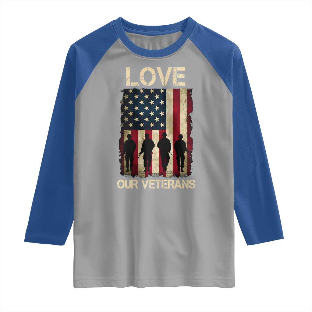 Love Our Veterans Raglan Shirt US Veterans Day Proud Military Family US Flag - Wonder Print Shop