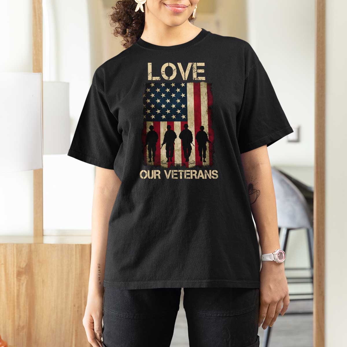Love Our Veterans T Shirt For Women US Veterans Day Proud Military Family US Flag - Wonder Print Shop