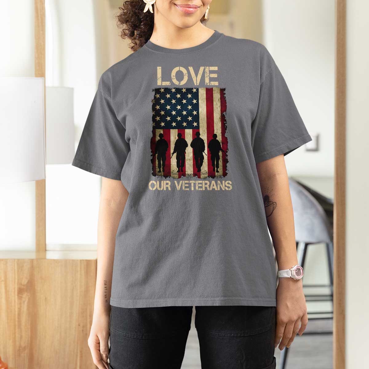 Love Our Veterans T Shirt For Women US Veterans Day Proud Military Family US Flag - Wonder Print Shop