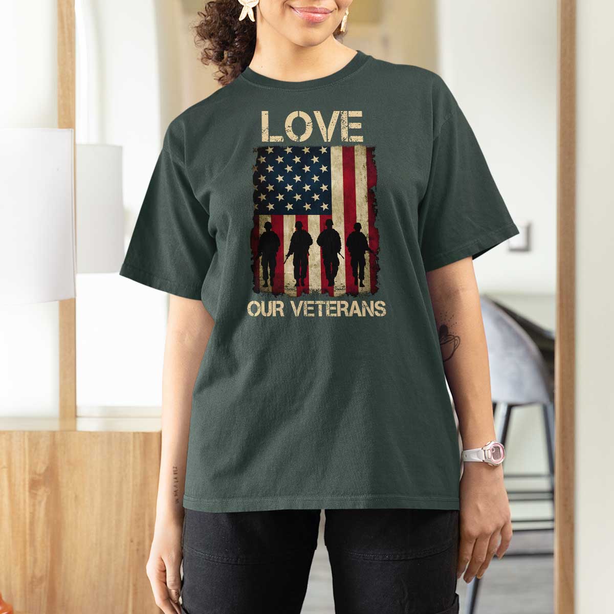 Love Our Veterans T Shirt For Women US Veterans Day Proud Military Family US Flag - Wonder Print Shop