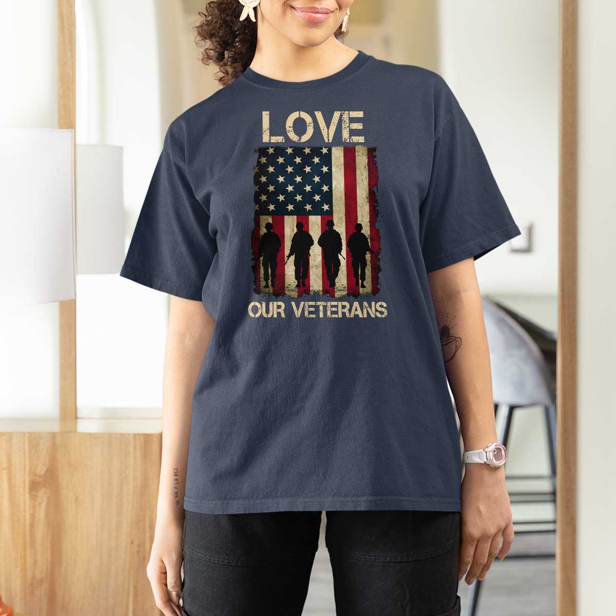 Love Our Veterans T Shirt For Women US Veterans Day Proud Military Family US Flag - Wonder Print Shop