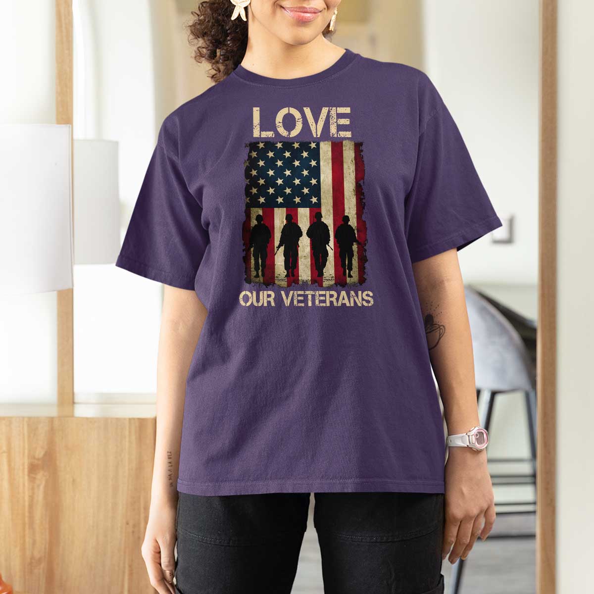 Love Our Veterans T Shirt For Women US Veterans Day Proud Military Family US Flag - Wonder Print Shop