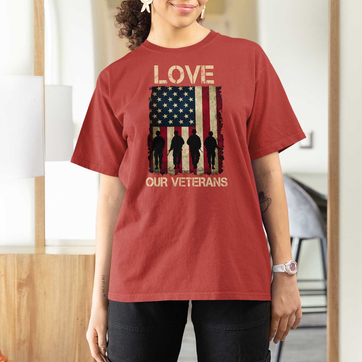 Love Our Veterans T Shirt For Women US Veterans Day Proud Military Family US Flag - Wonder Print Shop