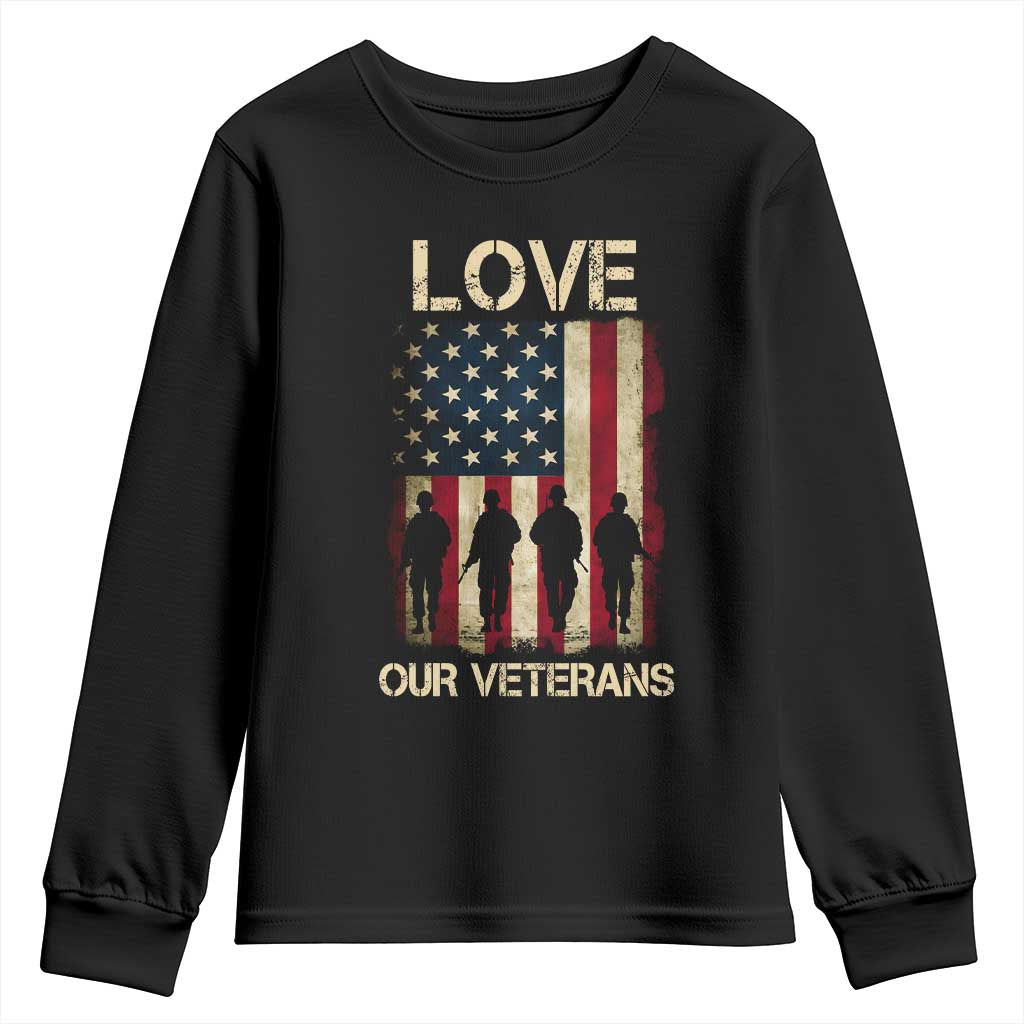 Love Our Veterans Youth Sweatshirt US Veterans Day Proud Military Family US Flag - Wonder Print Shop