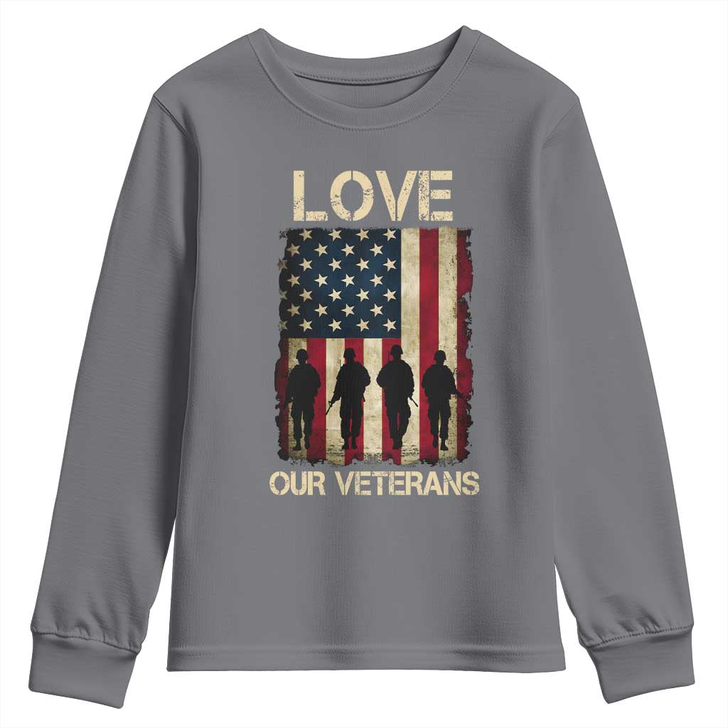 Love Our Veterans Youth Sweatshirt US Veterans Day Proud Military Family US Flag - Wonder Print Shop