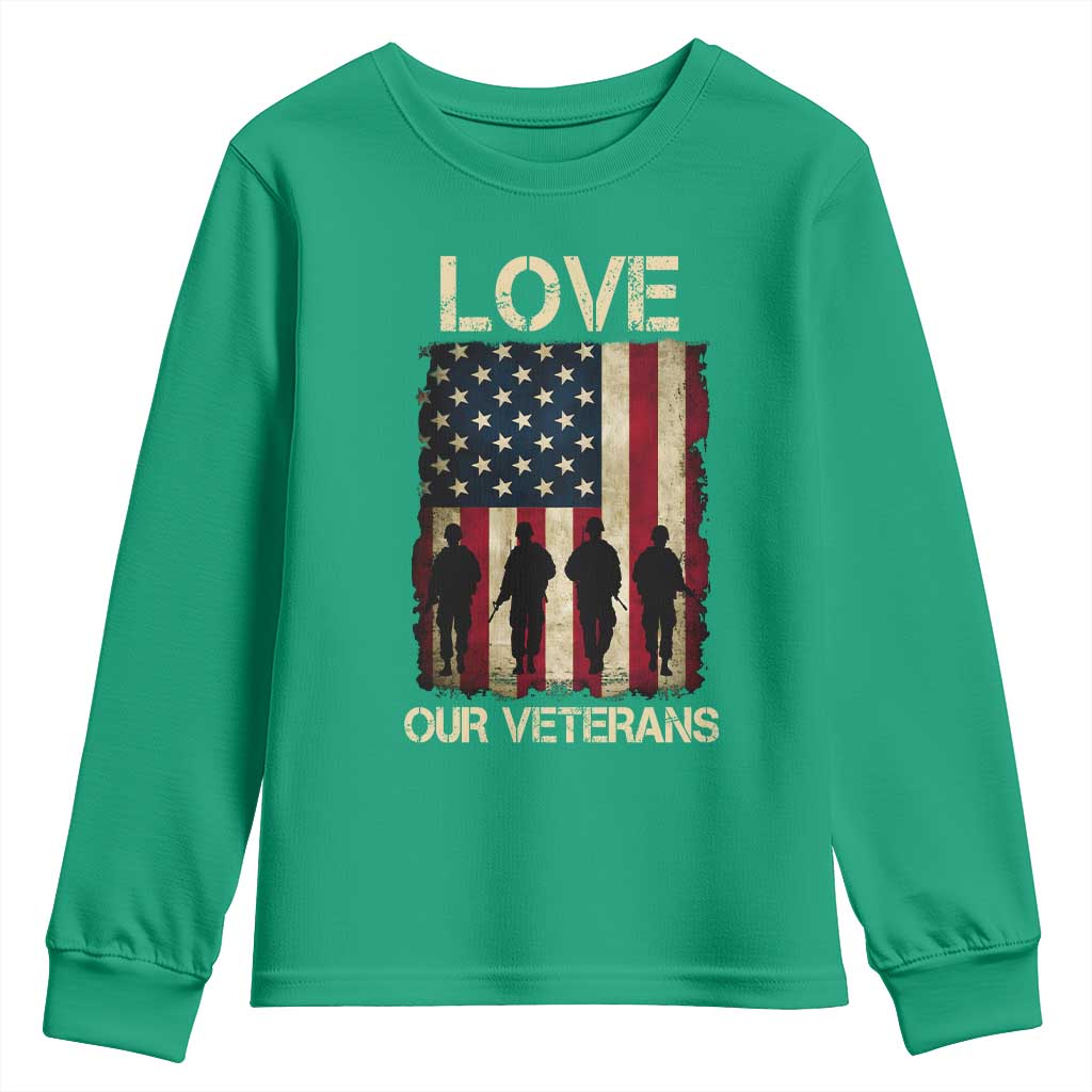 Love Our Veterans Youth Sweatshirt US Veterans Day Proud Military Family US Flag - Wonder Print Shop