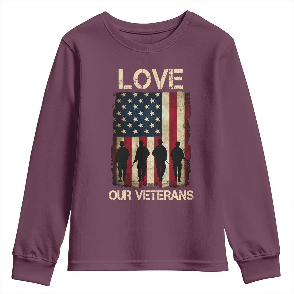 Love Our Veterans Youth Sweatshirt US Veterans Day Proud Military Family US Flag - Wonder Print Shop