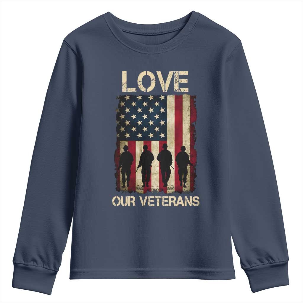 Love Our Veterans Youth Sweatshirt US Veterans Day Proud Military Family US Flag - Wonder Print Shop