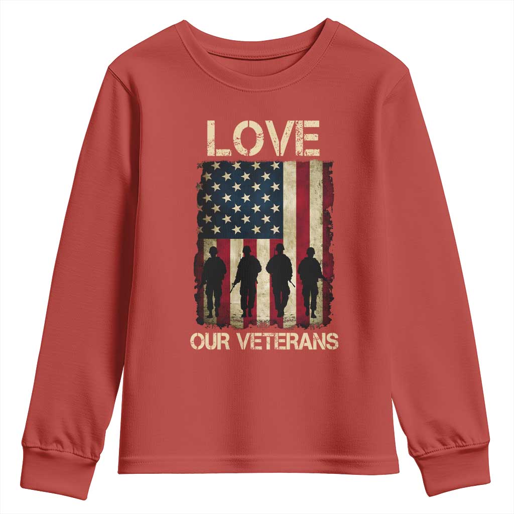 Love Our Veterans Youth Sweatshirt US Veterans Day Proud Military Family US Flag - Wonder Print Shop