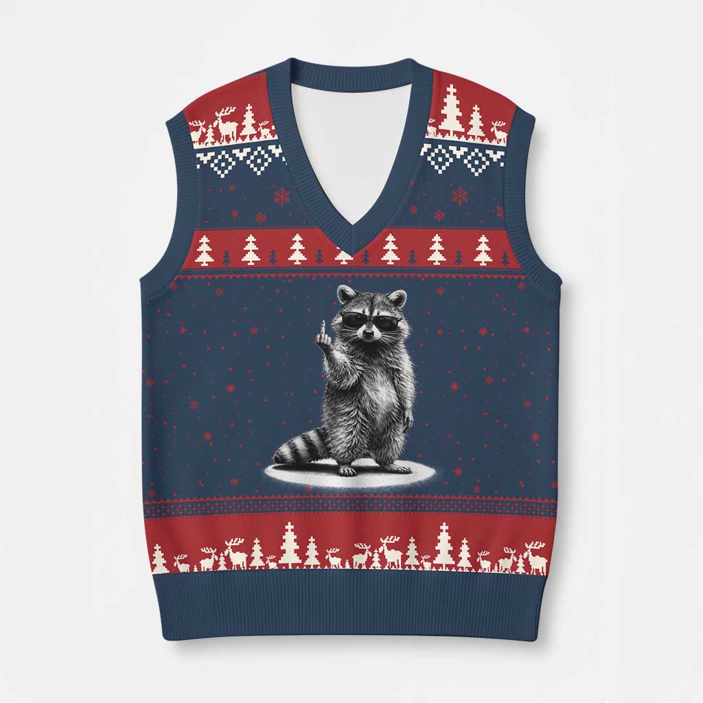 Raccoon Meme V-Neck Knit Sweater Vest Middle Finger Trash Panda Sarcastic Humor