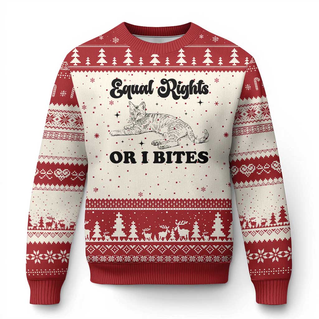Feminist Cat Ugly Christmas Sweater Equal Rights or I Bites Human Rights - Wonder Print Shop