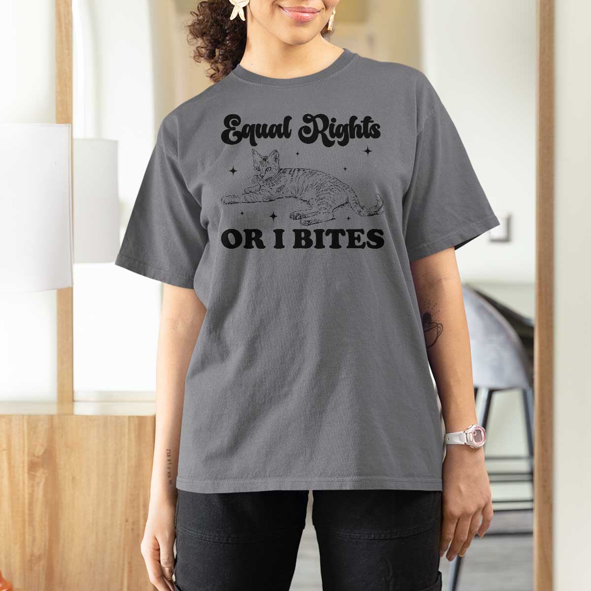 Feminist Cat T Shirt For Women Equal Rights or I Bites Human Rights - Wonder Print Shop