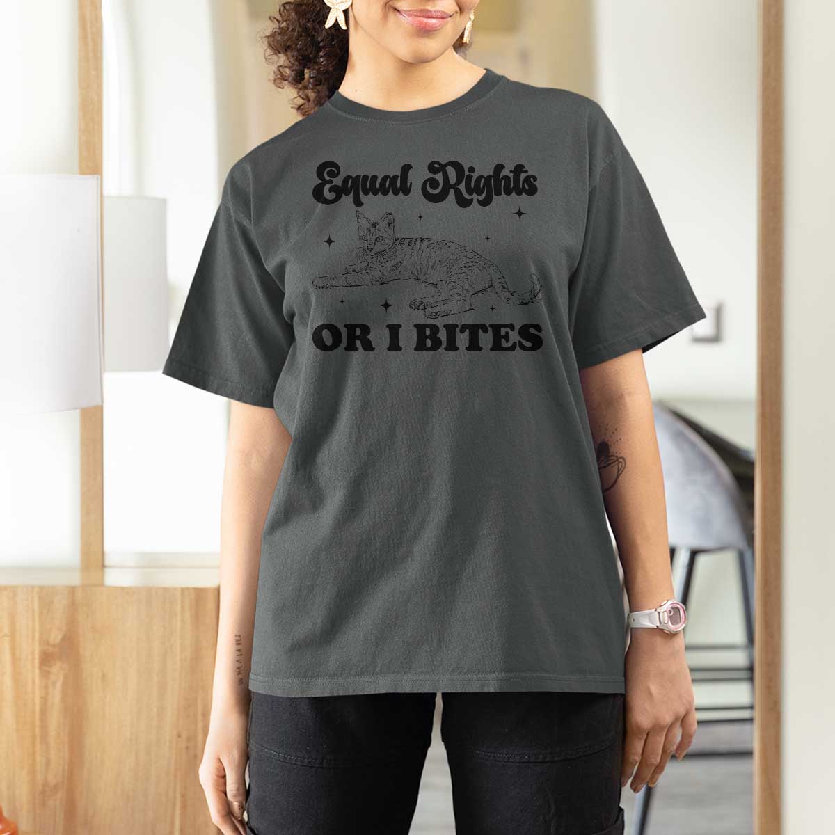 Feminist Cat T Shirt For Women Equal Rights or I Bites Human Rights - Wonder Print Shop