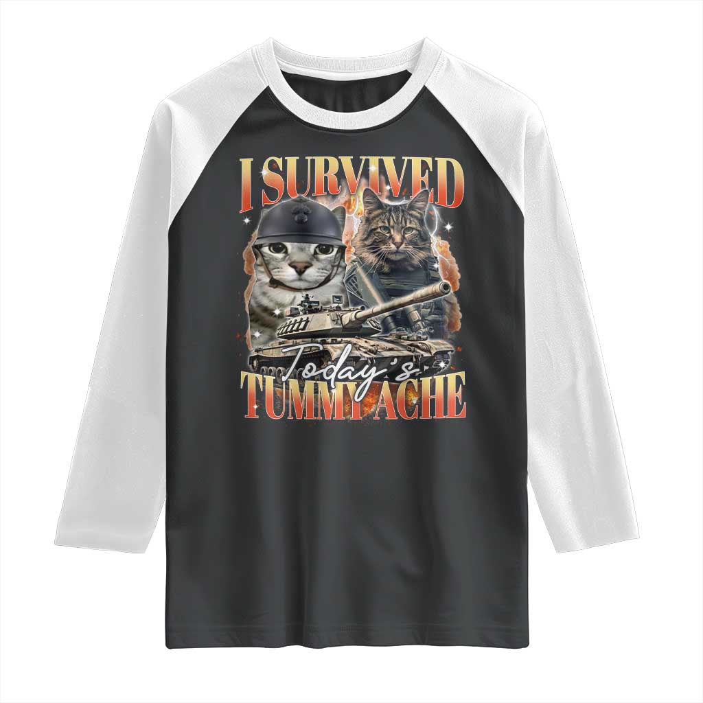 Tummy Ache Survivor Cat Meme Raglan Shirt Funny Saying Cats Bootleg - Wonder Print Shop