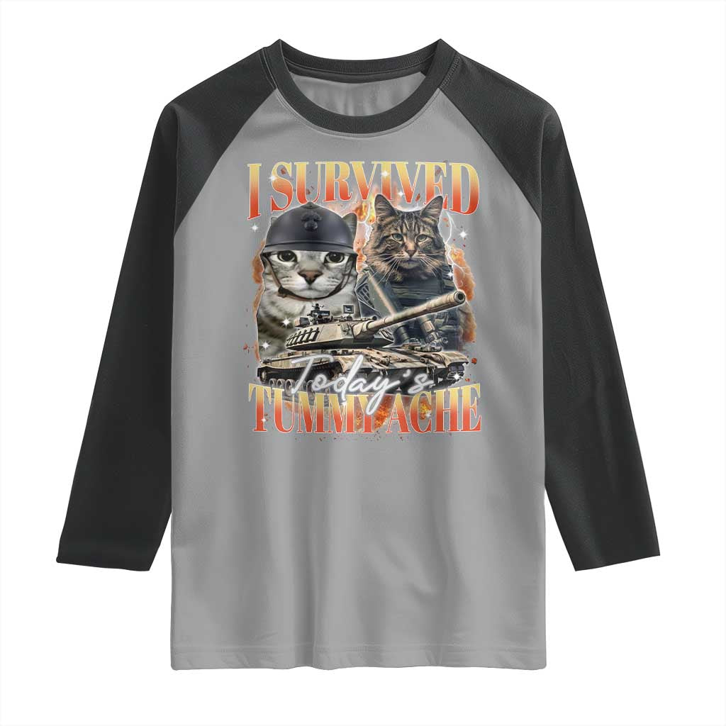Tummy Ache Survivor Cat Meme Raglan Shirt Funny Saying Cats Bootleg - Wonder Print Shop