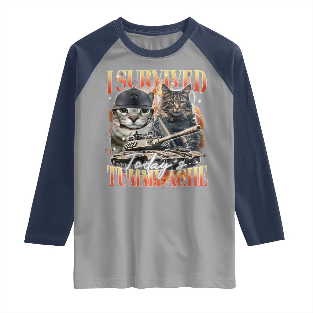 Tummy Ache Survivor Cat Meme Raglan Shirt Funny Saying Cats Bootleg - Wonder Print Shop