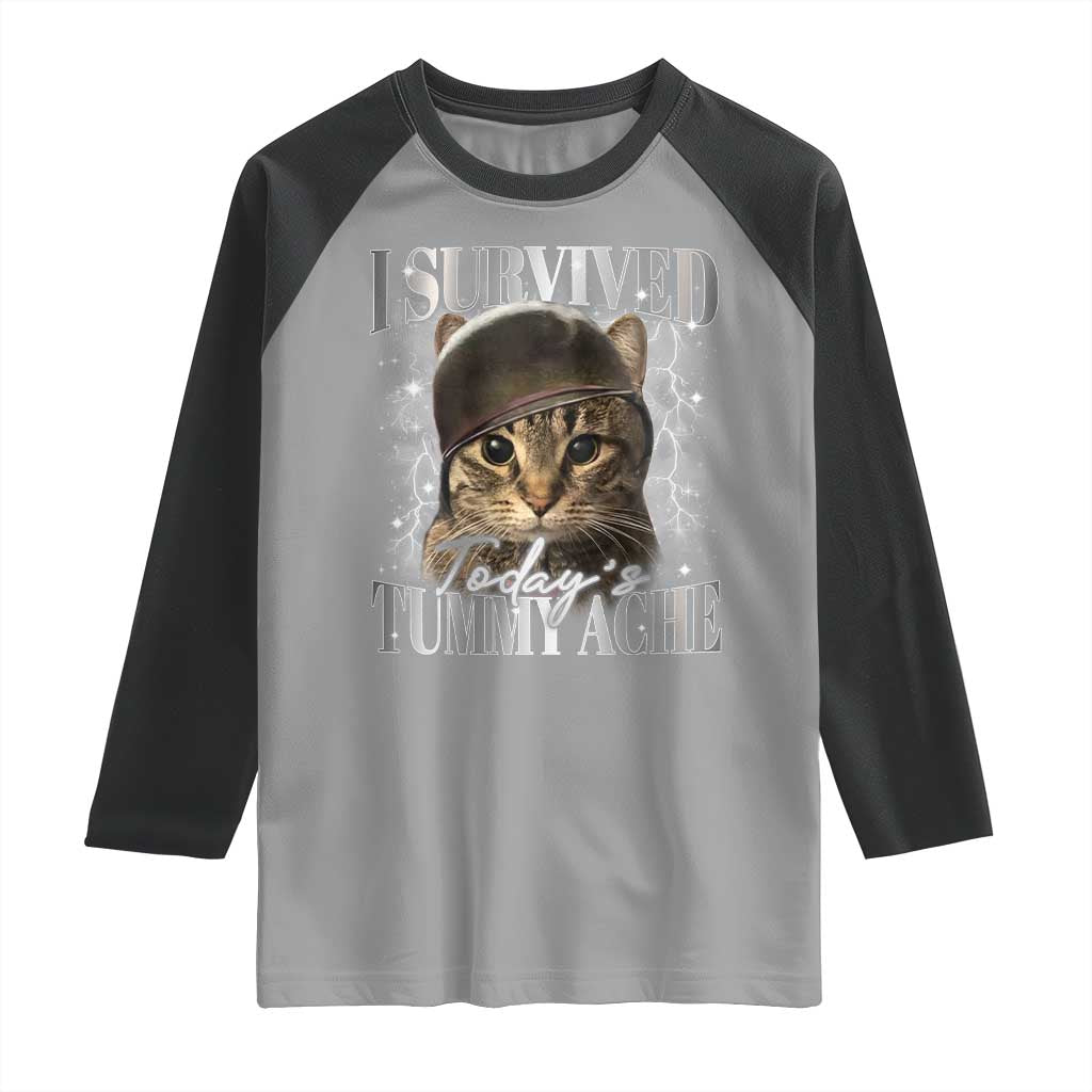 Tummy Ache Survivor Cat Meme Raglan Shirt Funny Saying Cats Cat Bootleg - Wonder Print Shop