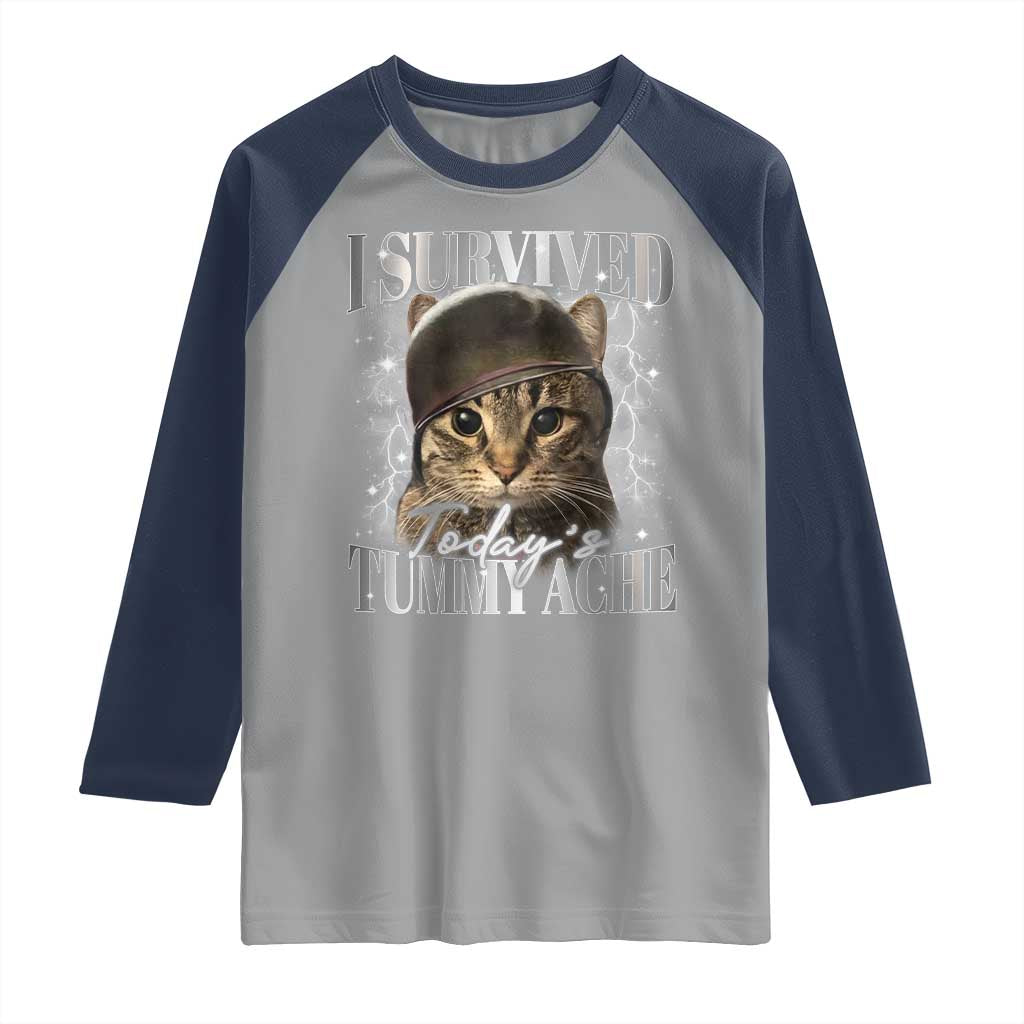 Tummy Ache Survivor Cat Meme Raglan Shirt Funny Saying Cats Cat Bootleg - Wonder Print Shop
