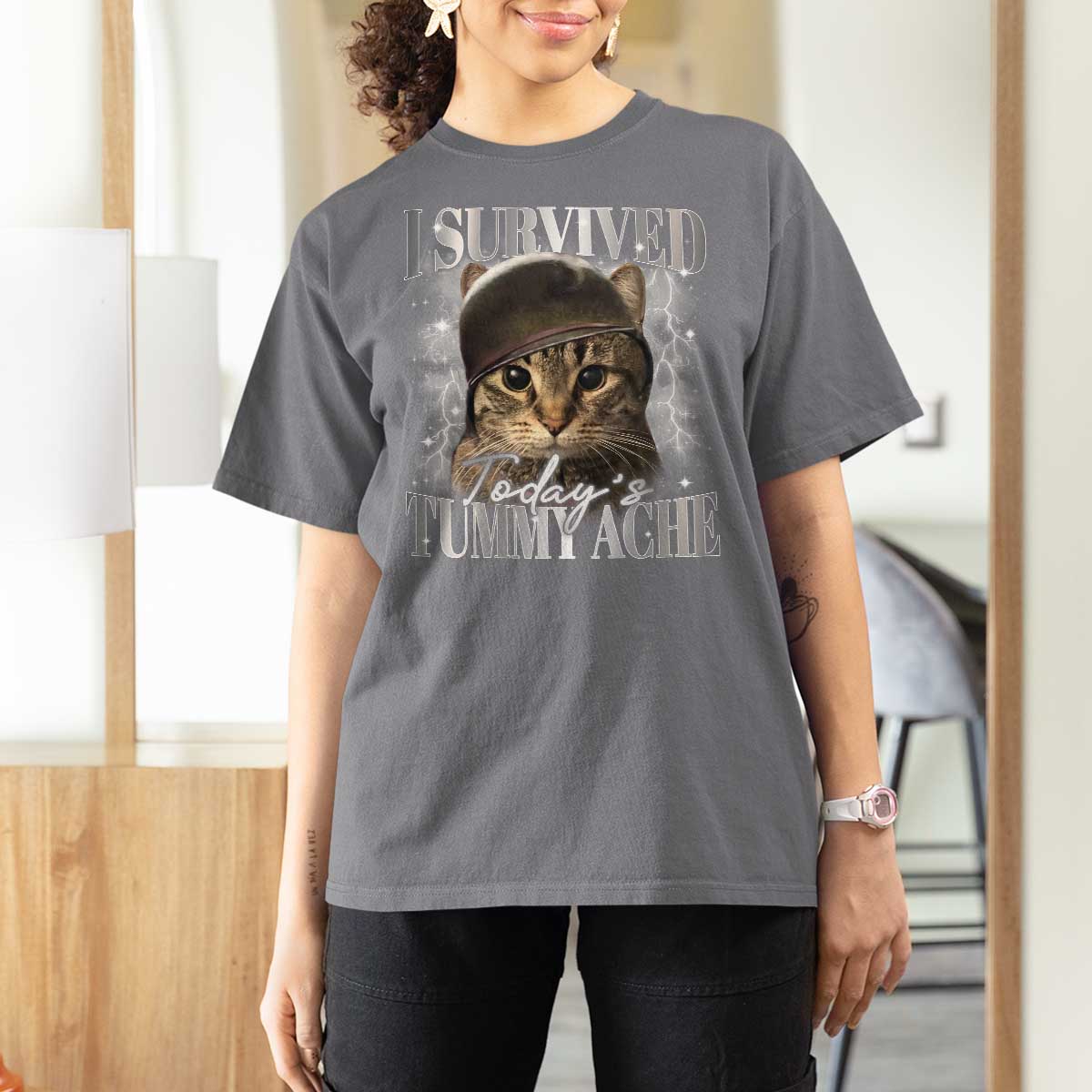 Tummy Ache Survivor Cat Meme T Shirt For Women Funny Saying Cats Cat Bootleg - Wonder Print Shop