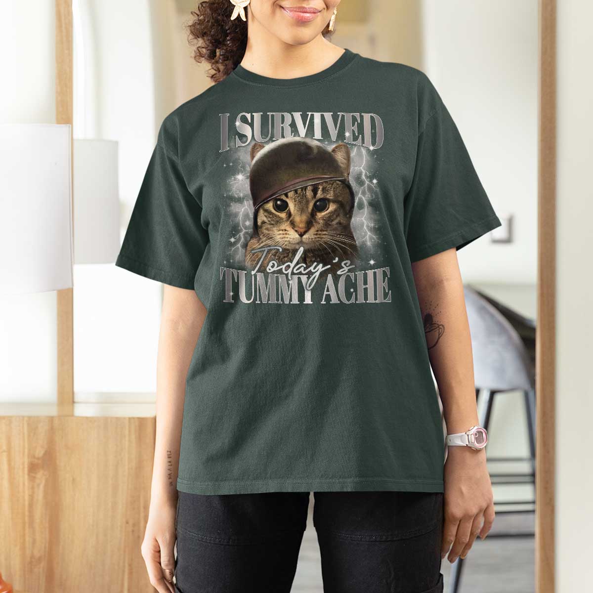 Tummy Ache Survivor Cat Meme T Shirt For Women Funny Saying Cats Cat Bootleg - Wonder Print Shop