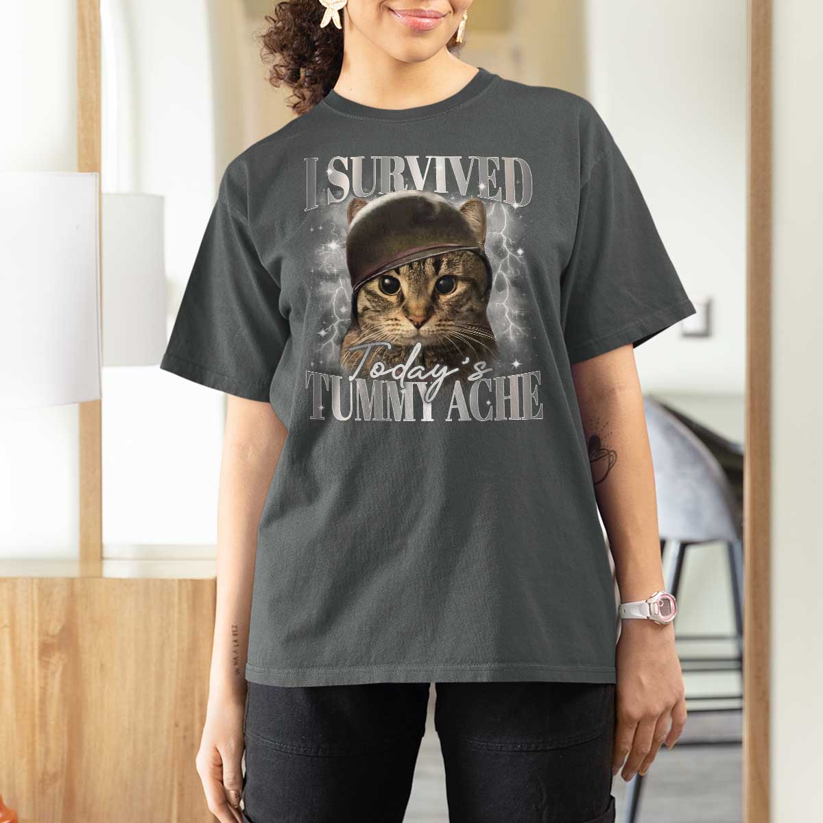 Tummy Ache Survivor Cat Meme T Shirt For Women Funny Saying Cats Cat Bootleg - Wonder Print Shop