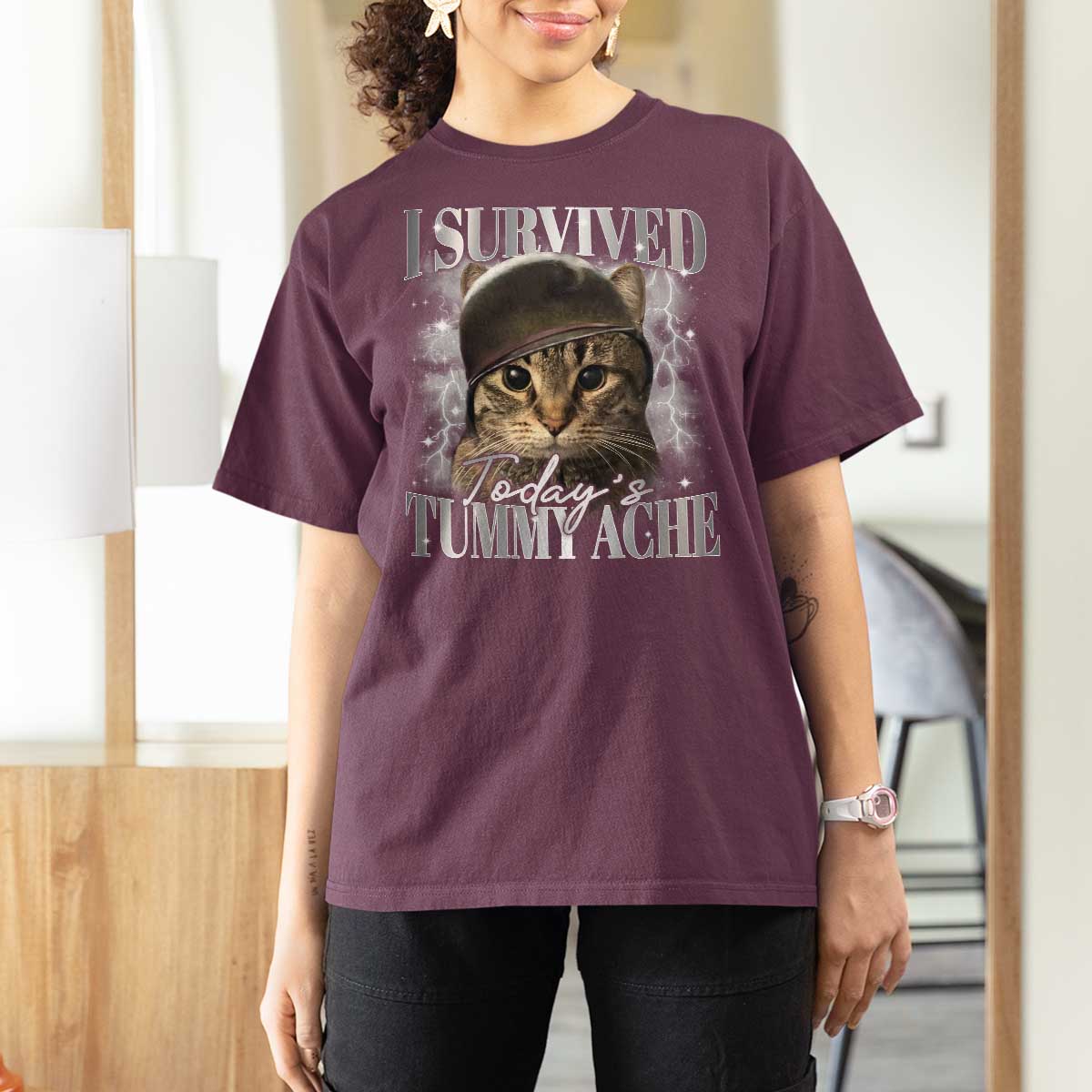 Tummy Ache Survivor Cat Meme T Shirt For Women Funny Saying Cats Cat Bootleg - Wonder Print Shop