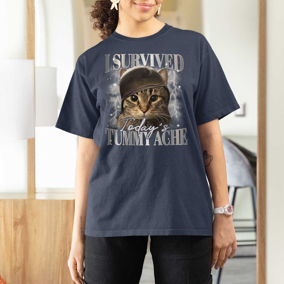 Tummy Ache Survivor Cat Meme T Shirt For Women Funny Saying Cats Cat Bootleg - Wonder Print Shop