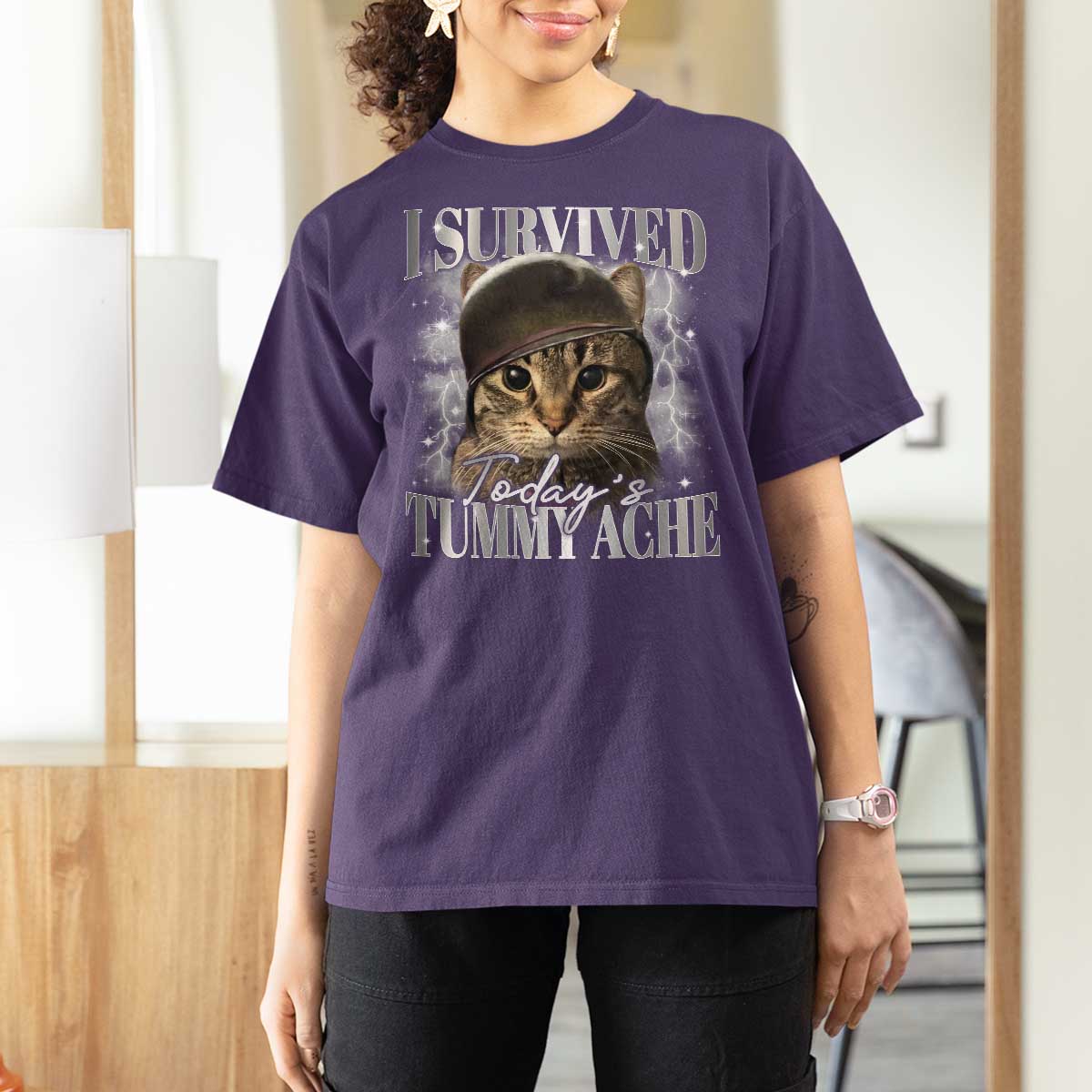 Tummy Ache Survivor Cat Meme T Shirt For Women Funny Saying Cats Cat Bootleg - Wonder Print Shop