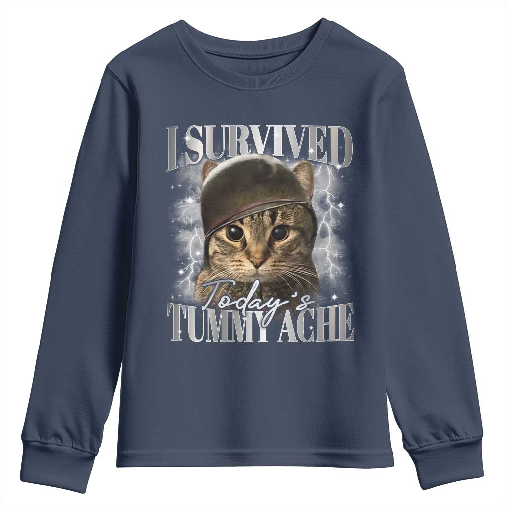 Tummy Ache Survivor Cat Meme Youth Sweatshirt Funny Saying Cats Cat Bootleg - Wonder Print Shop
