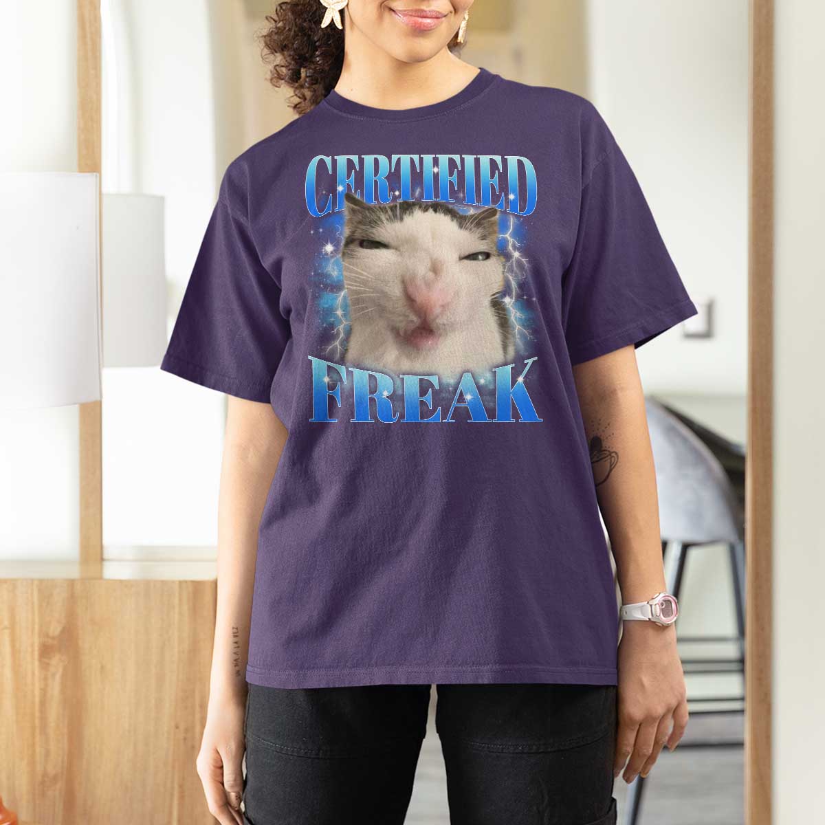 Certified Freak Funny Cat Meme T Shirt For Women Internet Memes Gen Z - Wonder Print Shop