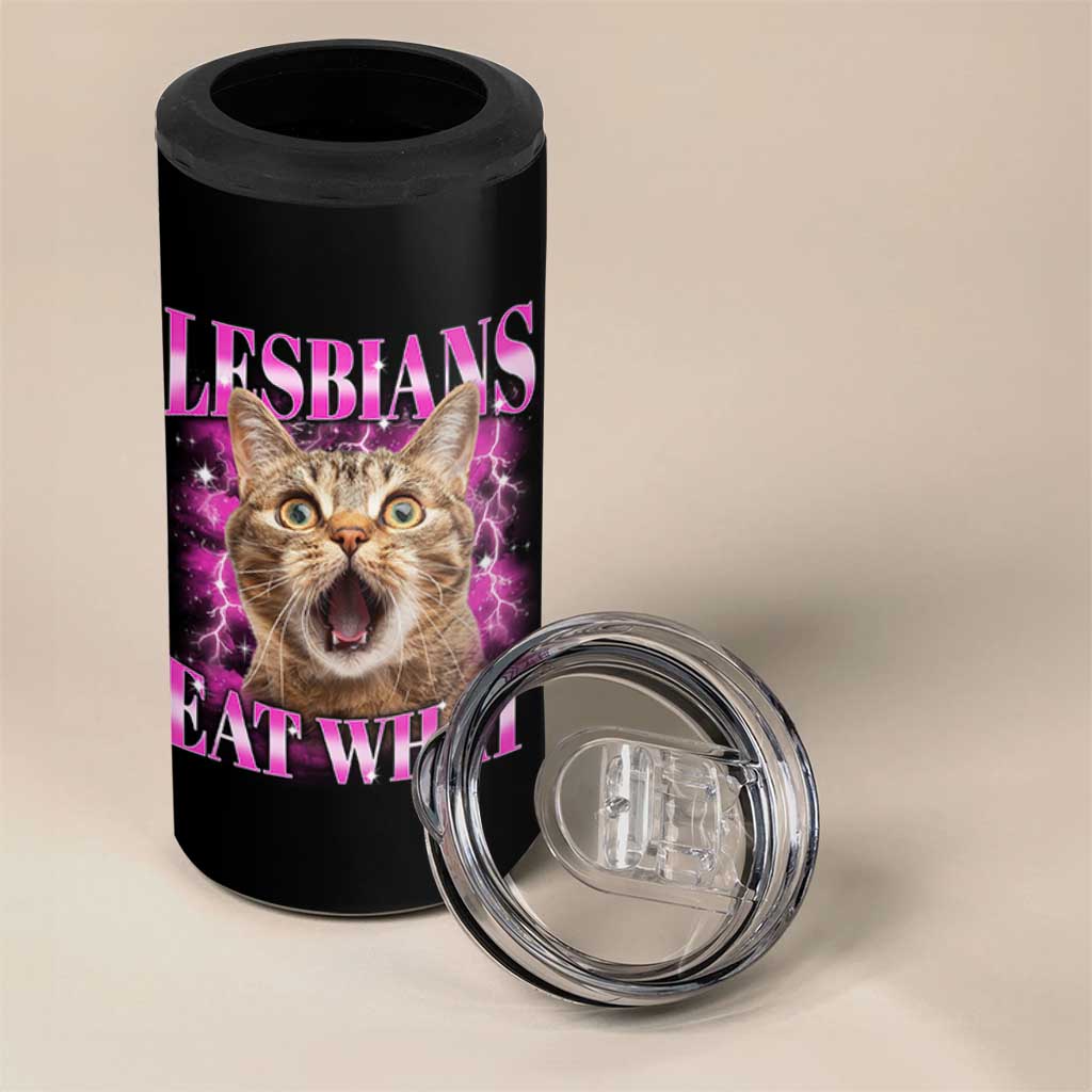 Lesbians Eat What 4 in 1 Can Cooler Tumbler Funny Cat Gay Pride LGBTQ Pun