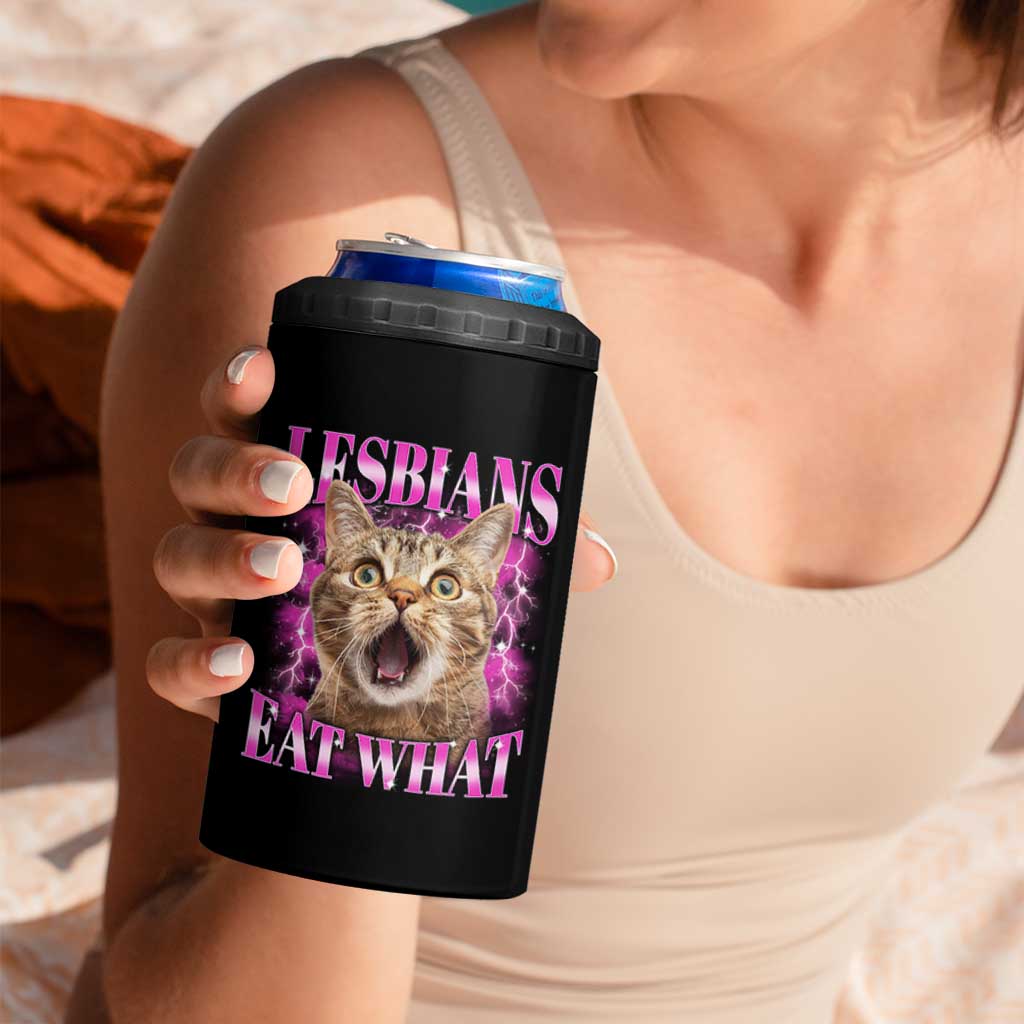Lesbians Eat What 4 in 1 Can Cooler Tumbler Funny Cat Gay Pride LGBTQ Pun