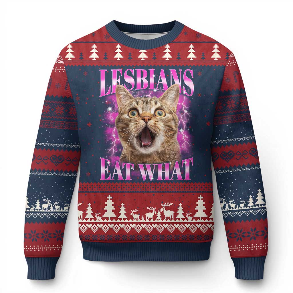 Lesbians Eat What Ugly Christmas Sweater Funny Cat Gay Pride LGBTQ Pun - Wonder Print Shop