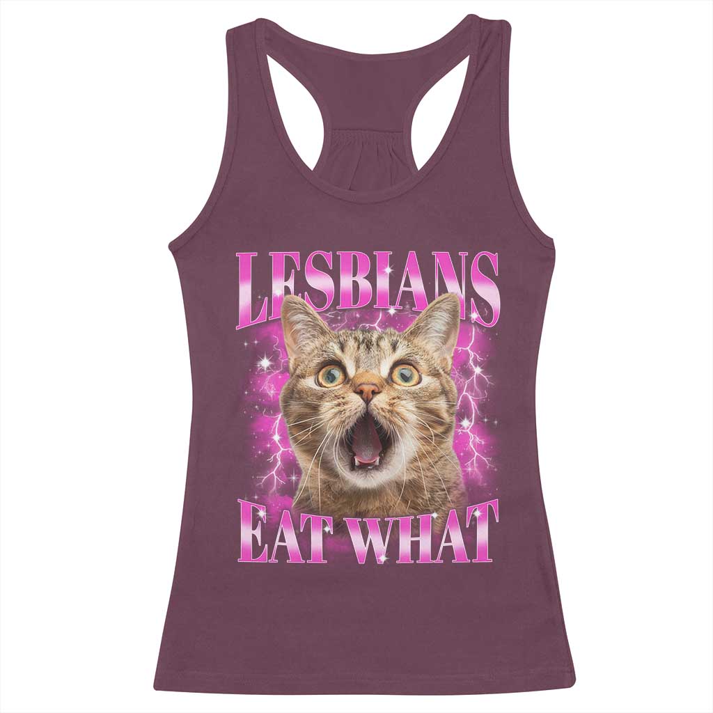 Lesbians Eat What Racerback Tank Top Funny Cat Gay Pride LGBTQ Pun