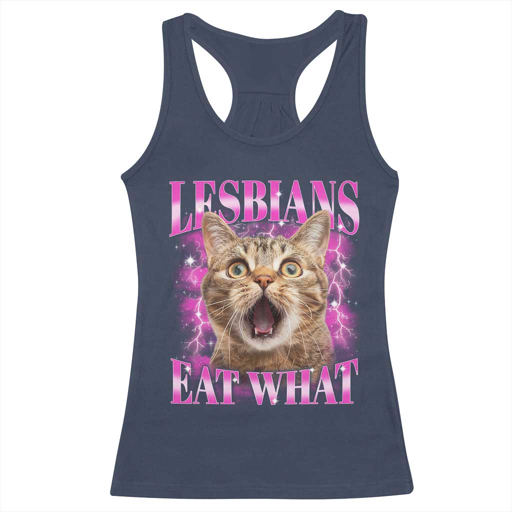 Lesbians Eat What Racerback Tank Top Funny Cat Gay Pride LGBTQ Pun