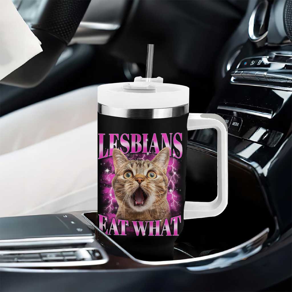 Lesbians Eat What Tumbler With Handle Funny Cat Gay Pride LGBTQ Pun