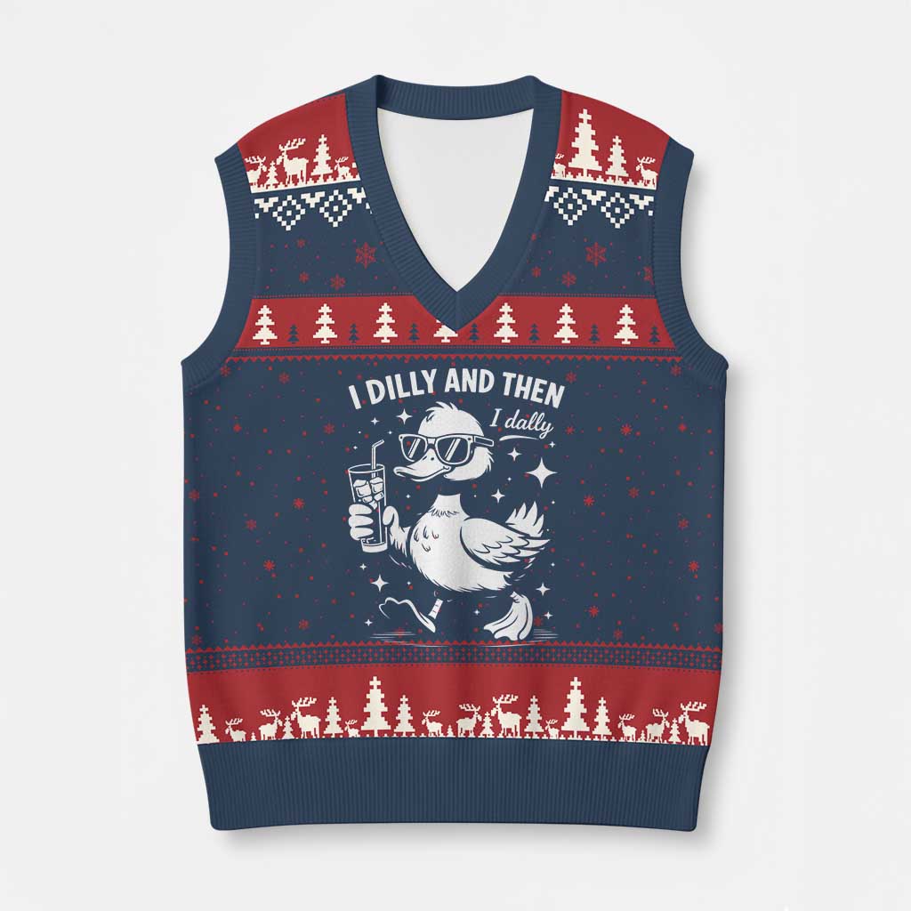 I Dilly And Then I Dally V-Neck Knit Sweater Vest Retro Duck Funny Animal Meme