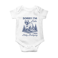 Raccoon Dilly Dallying Baby Onesie Funny Sorry Im Late Silly Animal