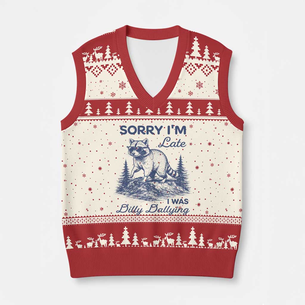 Raccoon Dilly Dallying V-Neck Knit Sweater Vest Funny Sorry Im Late Silly Animal