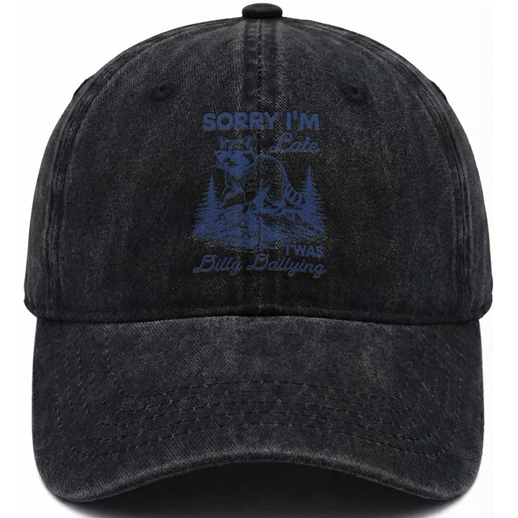 Raccoon Dilly Dallying Washed Cotton Baseball Cap Funny Sorry Im Late Silly Animal