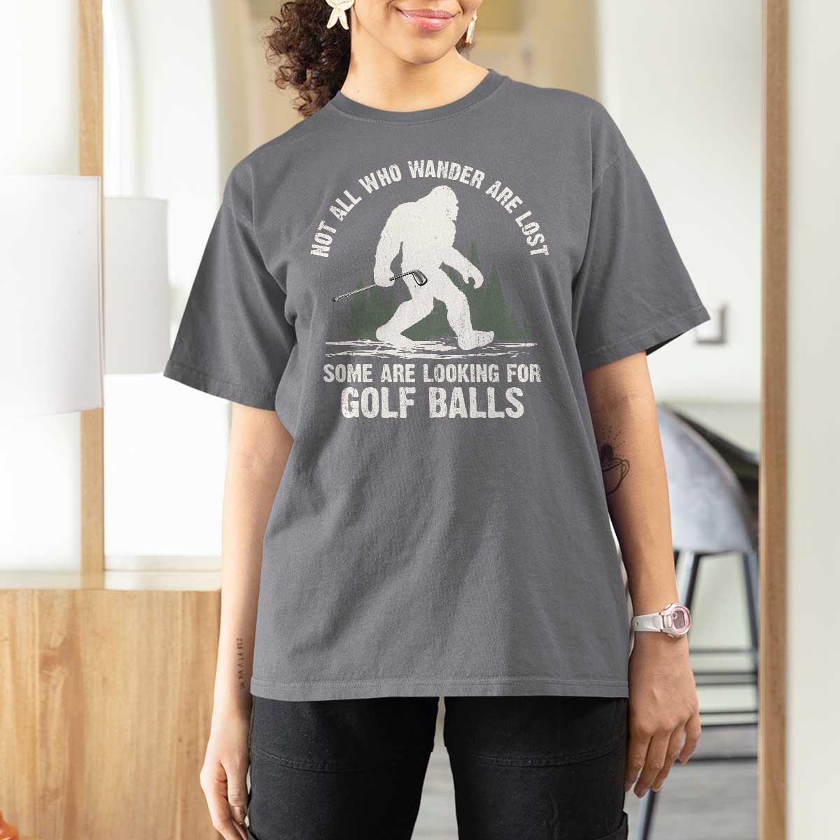 Not All Who Wander Are Lost Bigfoot Looking For Golf Balls T Shirt For Women Vintage Golfs Lover Sasquatch Golfing