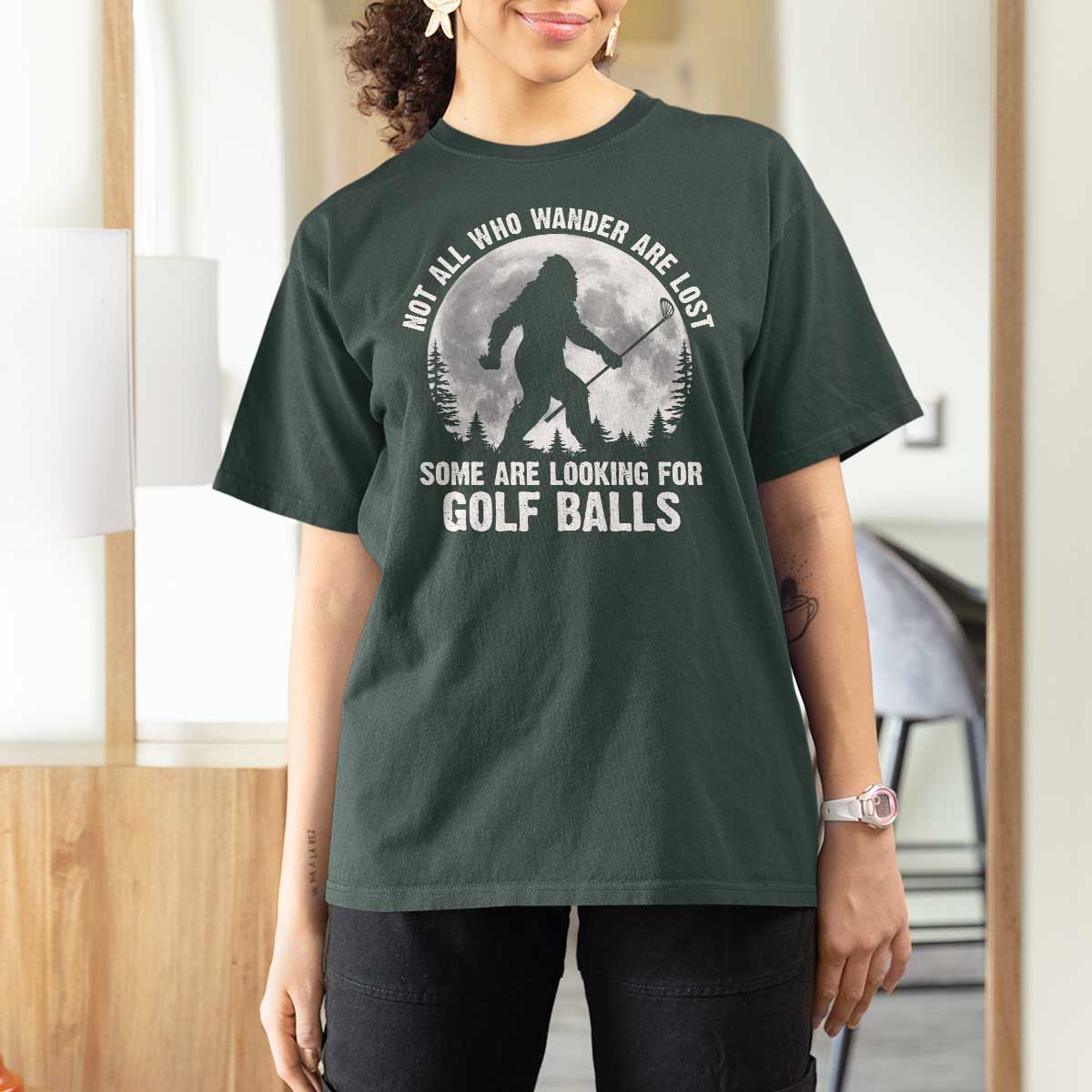 Not All Who Wander Are Lost Bigfoot Looking For Golf Balls T Shirt For Women Vintage Golfs Lover Sasquatch Golfing Full Moon