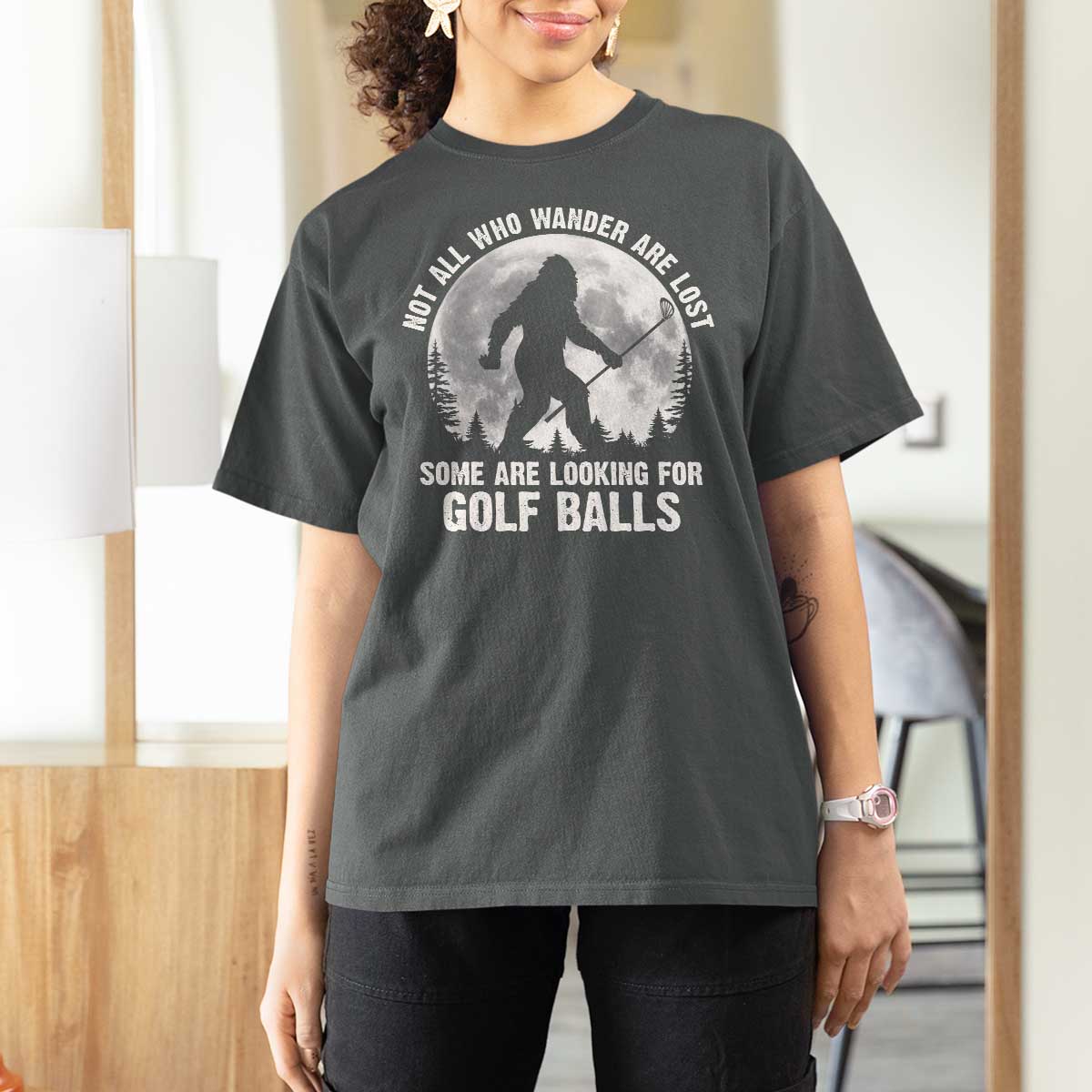 Not All Who Wander Are Lost Bigfoot Looking For Golf Balls T Shirt For Women Vintage Golfs Lover Sasquatch Golfing Full Moon