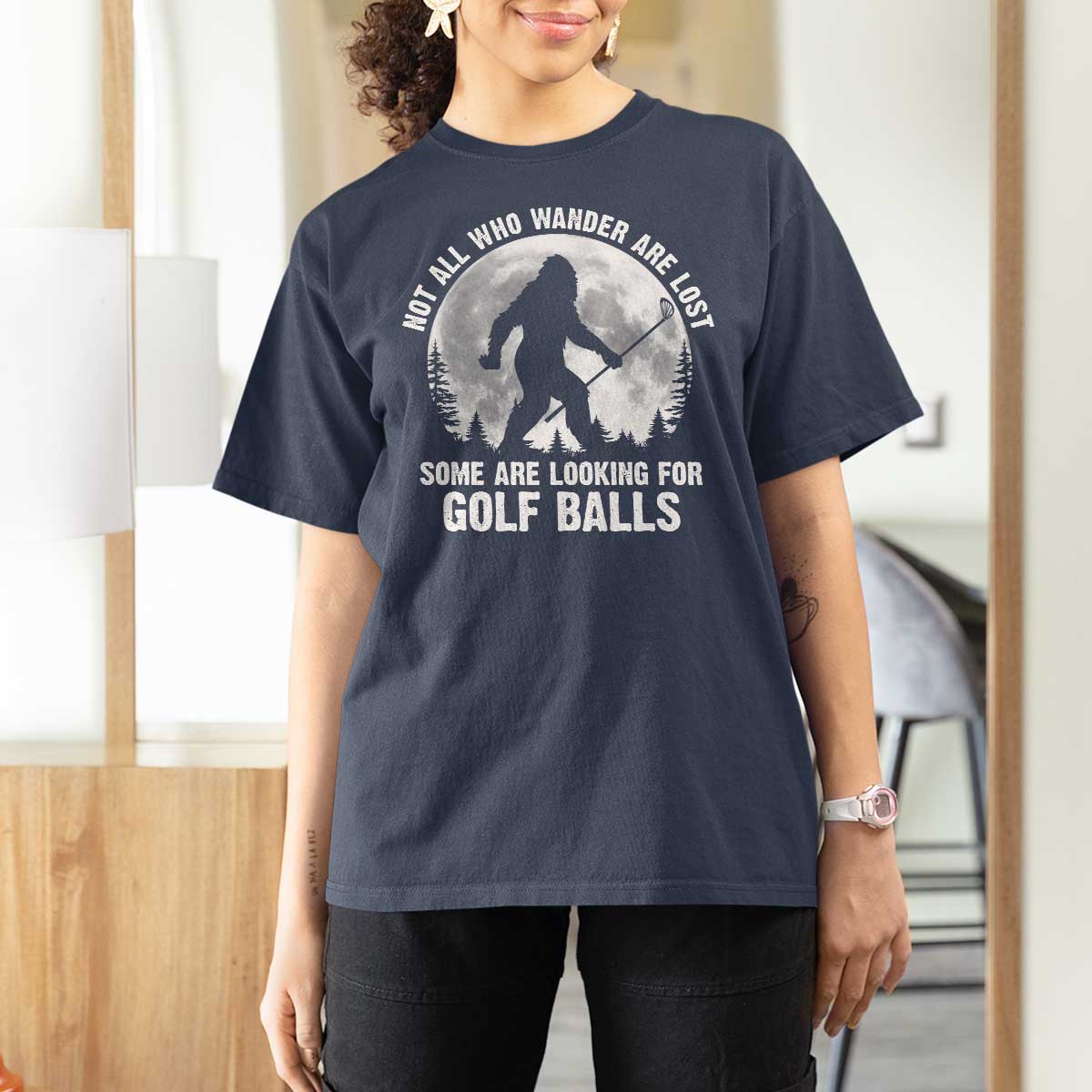 Not All Who Wander Are Lost Bigfoot Looking For Golf Balls T Shirt For Women Vintage Golfs Lover Sasquatch Golfing Full Moon