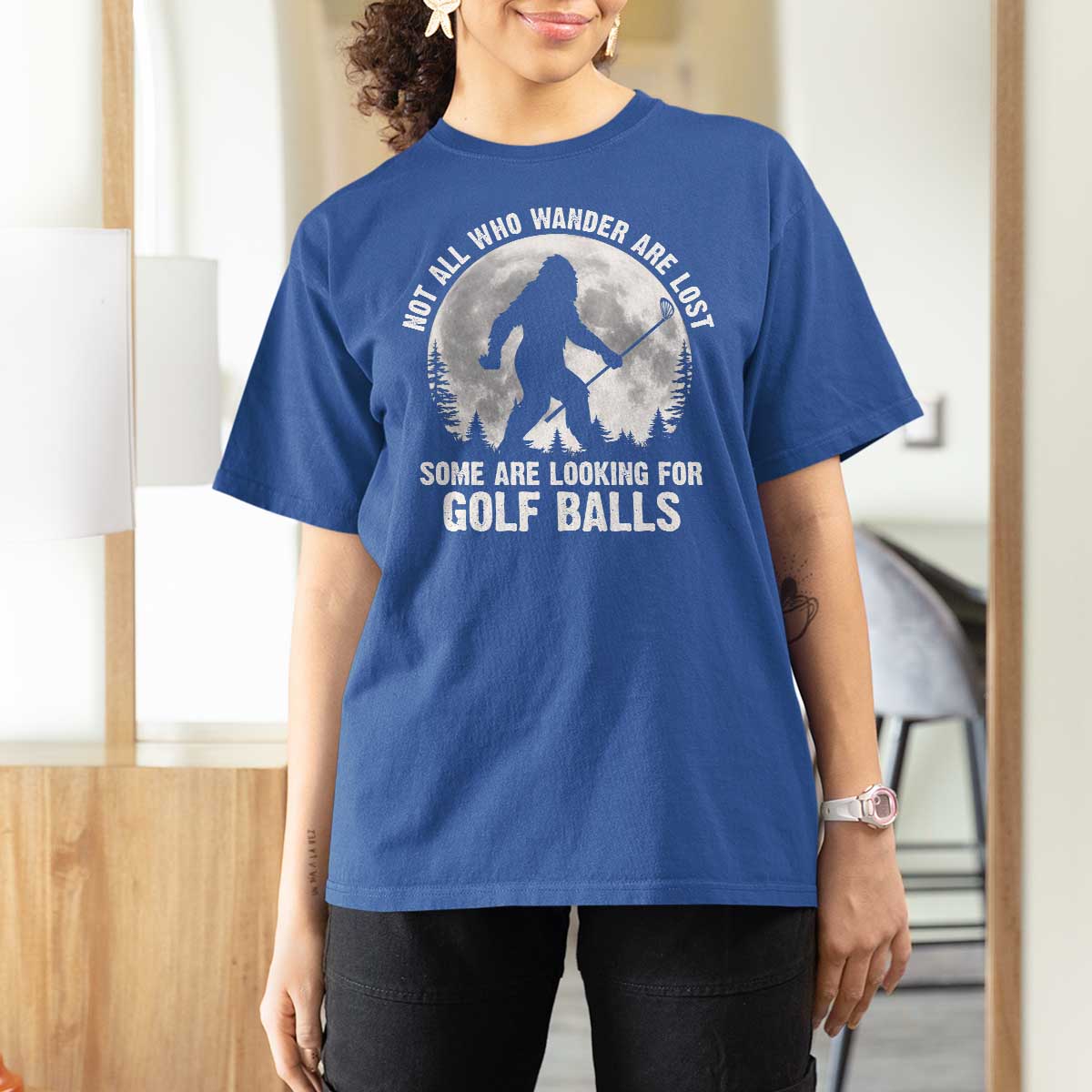 Not All Who Wander Are Lost Bigfoot Looking For Golf Balls T Shirt For Women Vintage Golfs Lover Sasquatch Golfing Full Moon