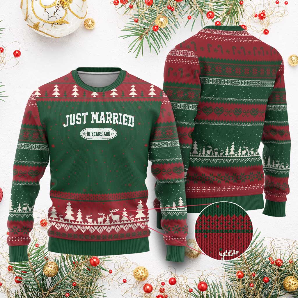 Just Married 10 Years Ago Ugly Christmas Sweater 10th Wedding Anniversary Matching