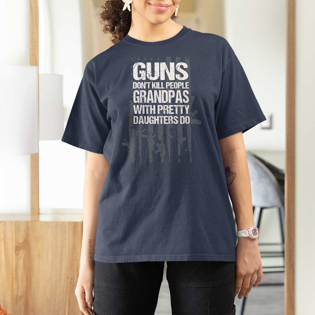 Grandpas With Pretty Daughters T Shirt For Women Funny Grandpa Gun American Flag