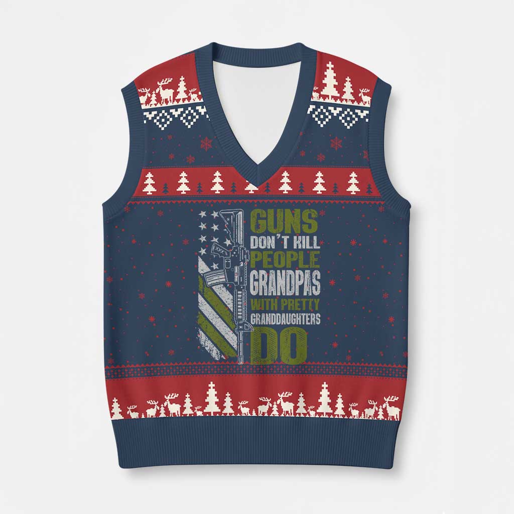 Funny Grandpa V-Neck Knit Sweater Vest Guns Dont Kill People Grandpas With Pretty Granddaughters Do US Flag